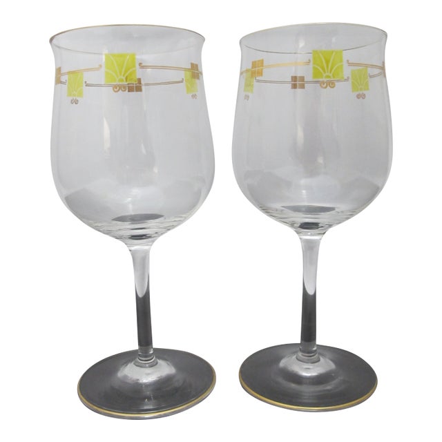 MCM Mid Century Modern Gold & Green Enamel Crystal Wine Glass Goblet Pair For Sale