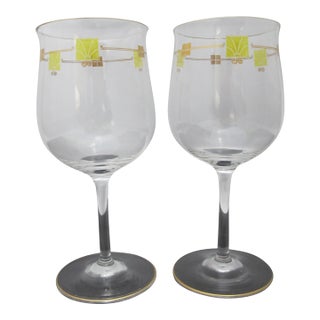 Mid 20th Century MCM Mid Century Modern Gold & Green Enamel Crystal Wine Glass Goblet Pair For Sale