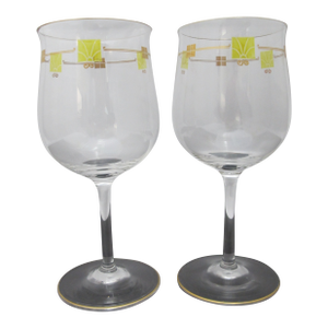 Mid 20th Century MCM Mid Century Modern Gold & Green Enamel Crystal Wine Glass Goblet Pair