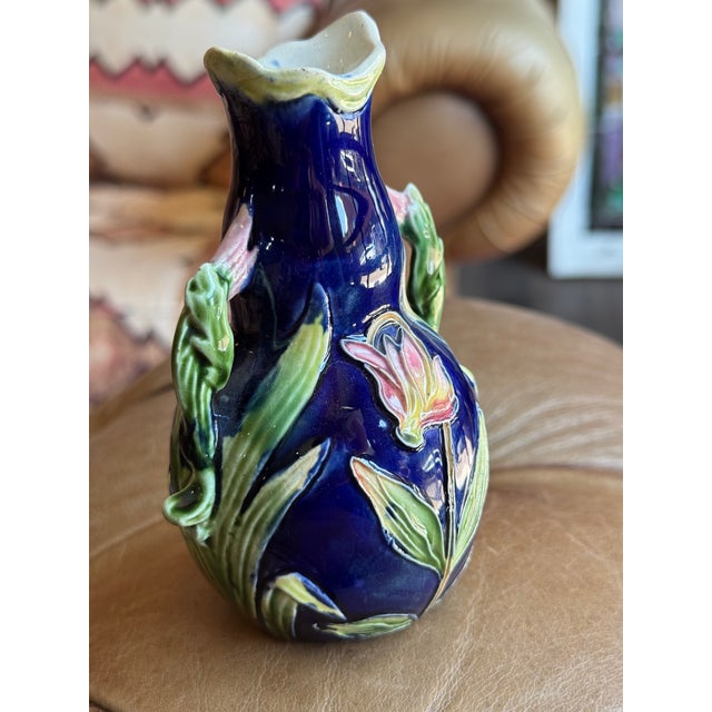 French Antique French Majolica Vase- Cyclamen Flower Motif For Sale - Image 3 of 6