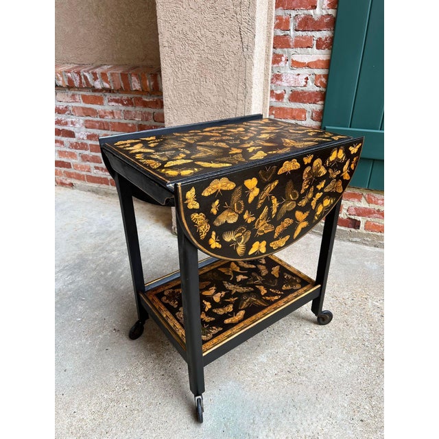 Vintage English Bar Cart Trolley Drop Leaf Chinoiserie Butterfly Lacquer Table For Sale In Dallas - Image 6 of 18