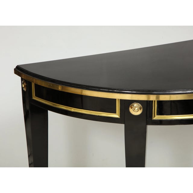 Bespoke Pair of Brass-Banded Demilune Consoles in the Neoclassic Manner For Sale - Image 4 of 12