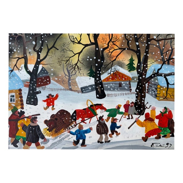 Eastern Europe Artist, Winter Village with Sled and Bear, 1997, Gouache For Sale