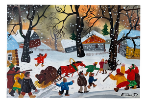 Eastern Europe Artist, Winter Village with Sled and Bear, 1997, Gouache