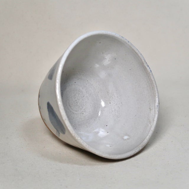 Handmade Flared Studio Pottery Bowl With Blue Botanical Brushstroke Pattern & Milky White Glaze For Sale - Image 11 of 13