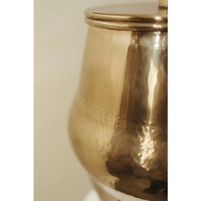 Traditional Vintage Hammered Brass Lamp w/ Pleated Linen Shade For Sale - Image 3 of 3