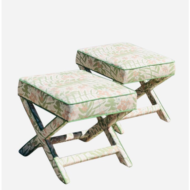 Light Pink 1980s Pair Large Vintage X Benches in Schumacher For Sale - Image 8 of 16