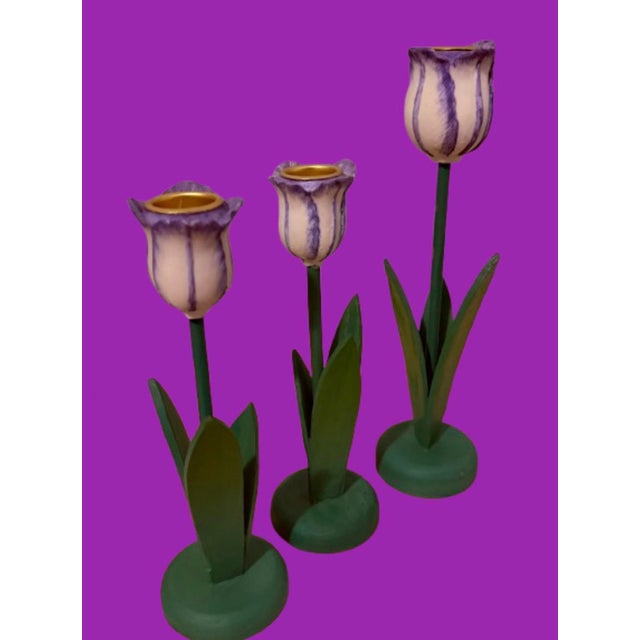American Vintage Wood Flowers Tulips Shaped Candle Holders - Set of 3 For Sale - Image 3 of 8