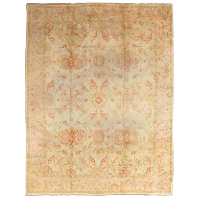 Antique Oushak Carpet, Oriental Rug, Handmade Ivory, Muted Shrimp, Soft Coral For Sale - Image 14 of 14