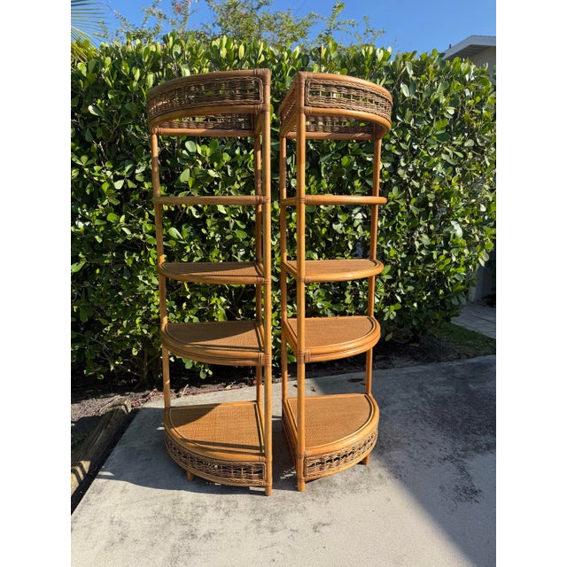 Vintage Tall Palm Beach Coastal Woven Rattan Corner Étagères, Pair For Sale - Image 10 of 12