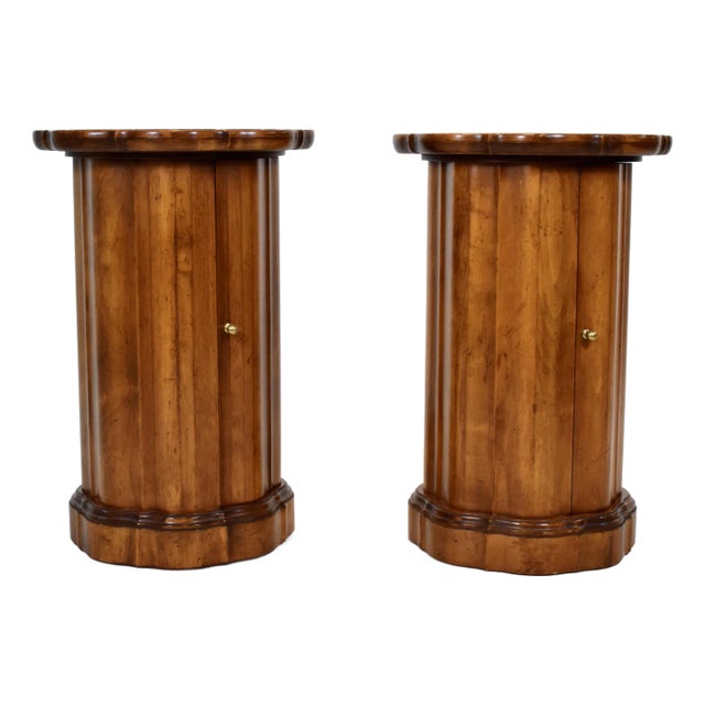 Burl Scalloped Pedestal Drum Table Cabinets, Pair For Sale