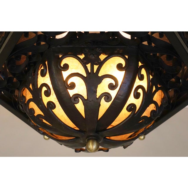 Brown 1950s Spanish Revival Mica Wrought Iron Brass Elaborate Octagon Light Ceiling Lamp For Sale - Image 8 of 11