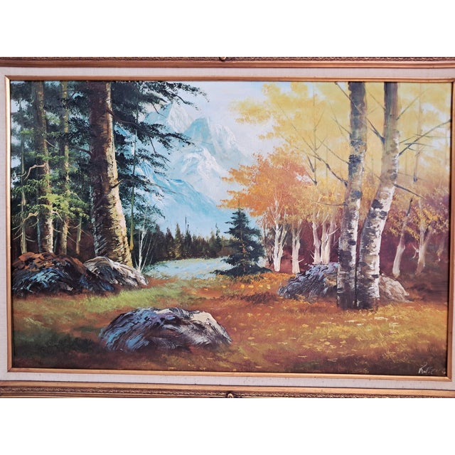 Large Vintage Woodland River Mountain Landscape, Oil Painting on Canvas, Gold Frame, Signed, 1980s For Sale - Image 17 of 18