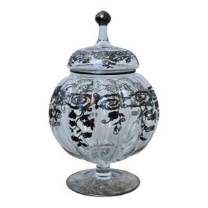 Vintage Exquisite Large Decorative Glass Candy Jar W/Lid & Silver Overlay