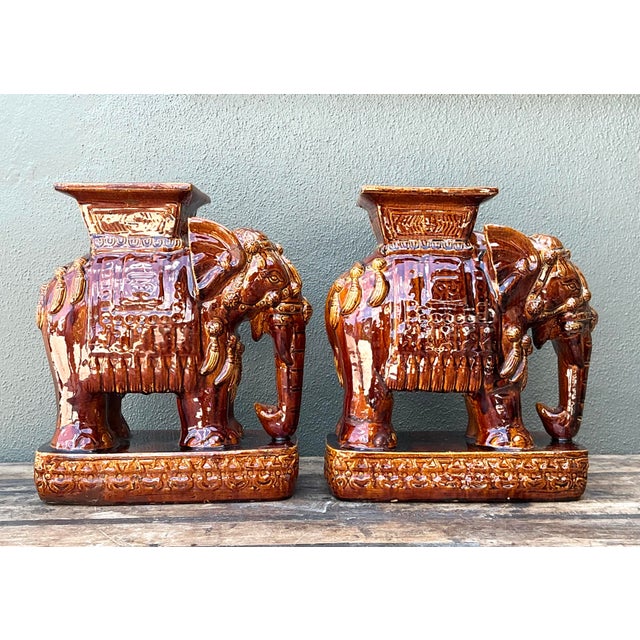 Ceramic Vintage Glazed Ceramic Elephant Low Stools - A Pair For Sale - Image 7 of 12