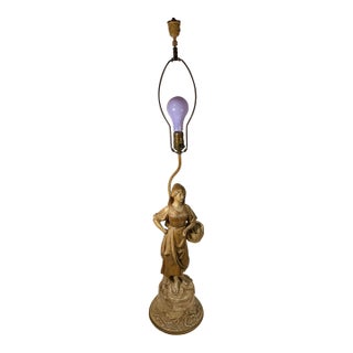 Antique C.1920s j.b. Hirsch Figural Porcelain Lady Lamp Wood Chalkware Base 39.5 For Sale