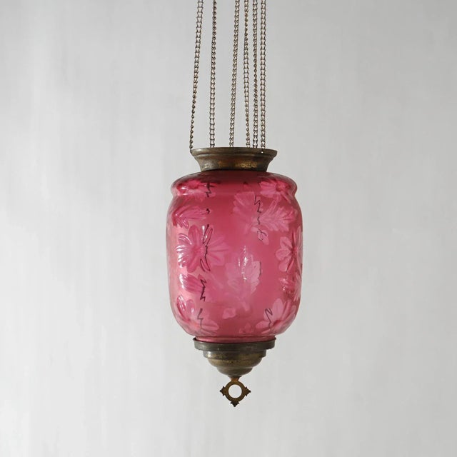 Metal Antique Victorian Cut To Clear Cranberry Glass & Brass Hanging Hall Light Circa 1880 For Sale - Image 7 of 11