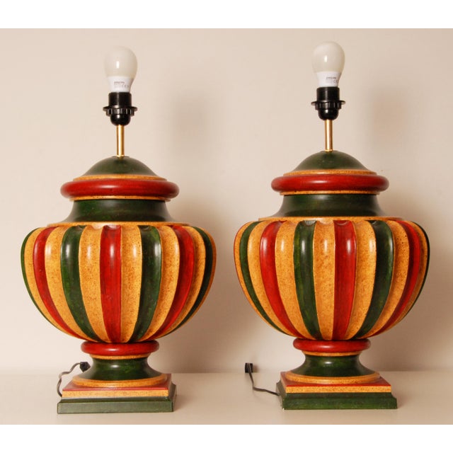 1980s Vintage Italian Table Lamps Tall Carved Wood Vase Lamps 1980s a Pair For Sale - Image 5 of 9