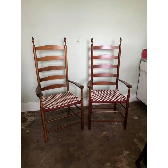 Farmhouse Early 20th Century Pair of Early American Primitive Shaker Style Maple Slat High Back Captain Chairs With Webbed Seats For Sale - Image 3 of 13