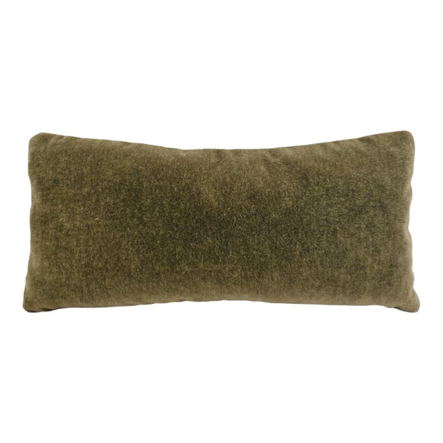 Plush Olive Green Down Filled Lumbar Mohair Pillow For Sale