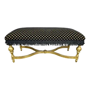Louis XVI Style Black Mohair & Gold Gilt Ottoman or Bench