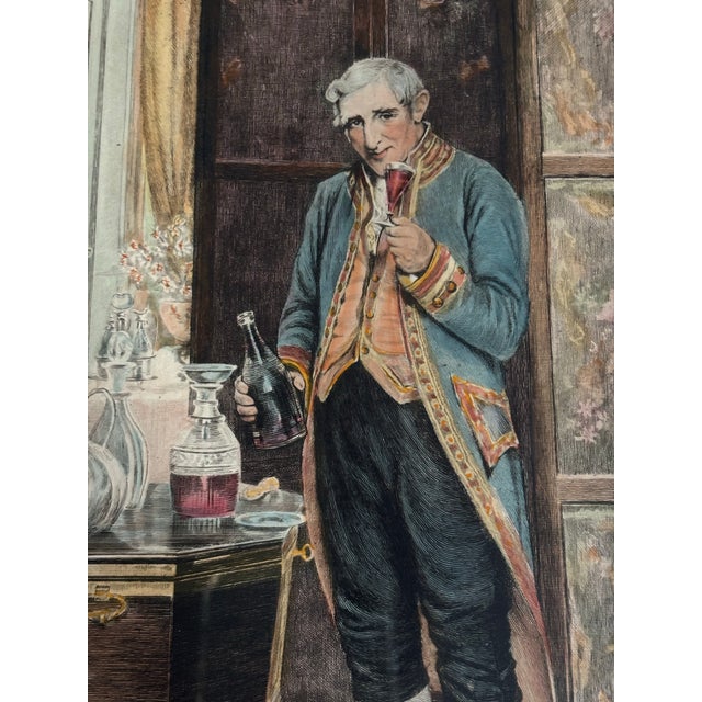 Brown The Butler- Antique Etching "The Butler" by o.h. Boucher Circa 1926 London Published Butler Holding Wine Glass & Bottle For Sale - Image 8 of 8