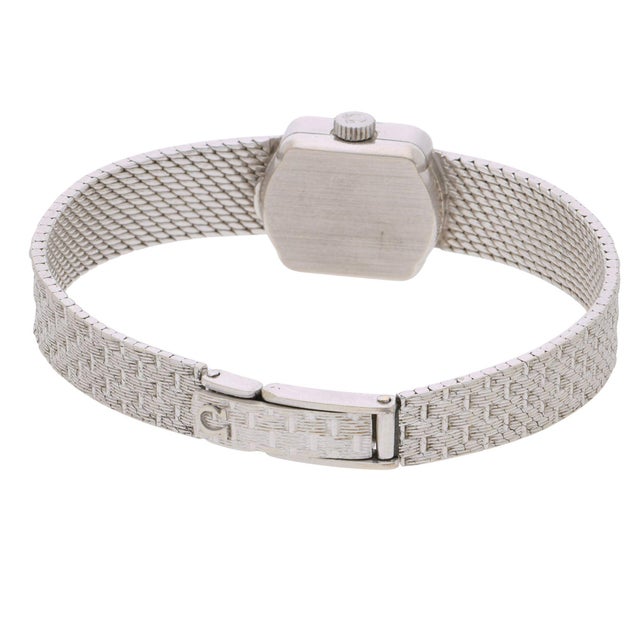 Vintage Omega Geneve Ladies 18k White Gold Blue Dial Square Mesh Bracelet Watch For Sale - Image 13 of 15