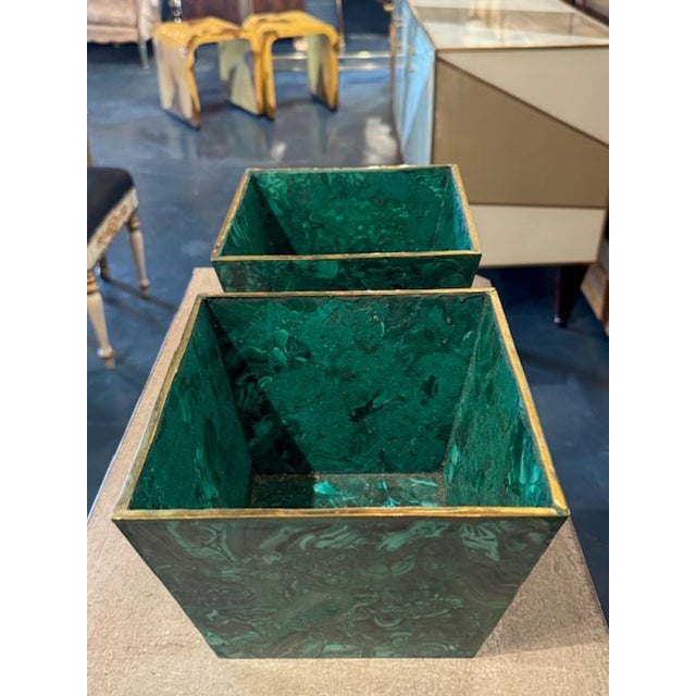 Traditional Pair French Malachite Planters With Brass Trim For Sale - Image 3 of 5