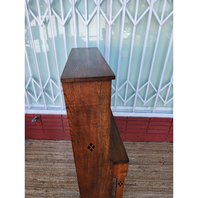 1940s Antique Mission Style Wood Secretary Desk Hutch Stained Glass For Sale - Image 5 of 12