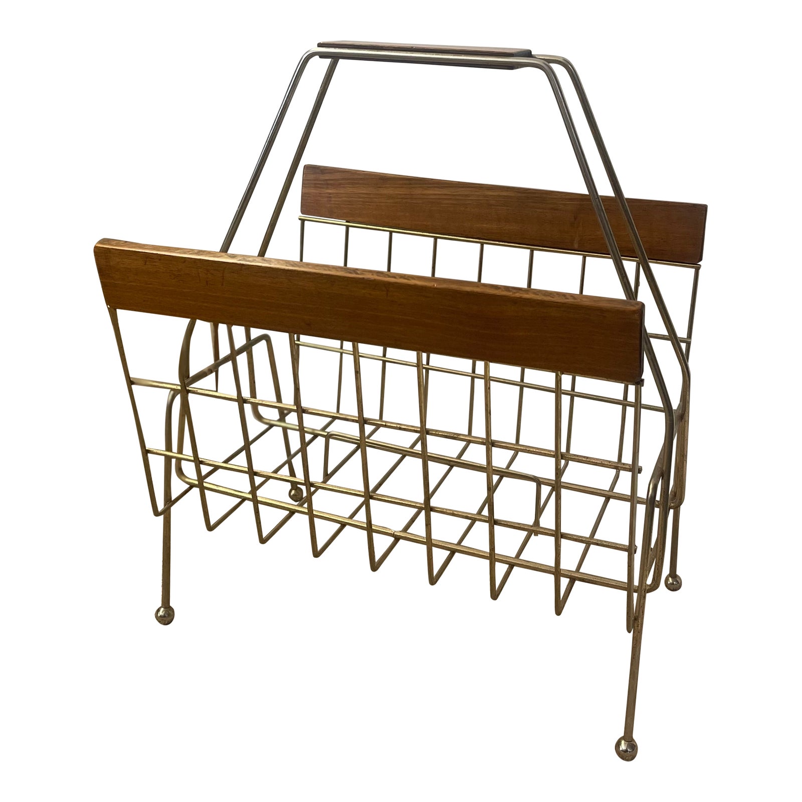 1960s Mid-Century Modern Brass Toned Wire and Wood Magazine Rack