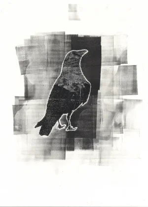 Raven 10 Original Abstract Painting by Carrie Bergey, White Black Grey Buff
