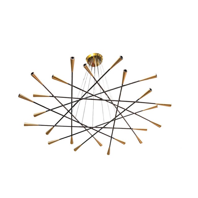 Stilnovo Shanghai Chandelier with 24 Arms in Black Painted Metal with Brass Cones from Stilnovo, 1950s For Sale - Image 4 of 4