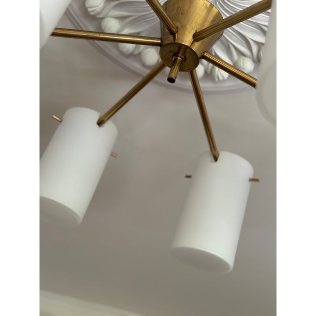 1960s Mid-Century Modern Swedish Semi Flush Mount Chandelier in Brass and Opaline Glass by Gert Nystrom for Fagerhult and Orrefors, 1960 For Sale - Image 5 of 11