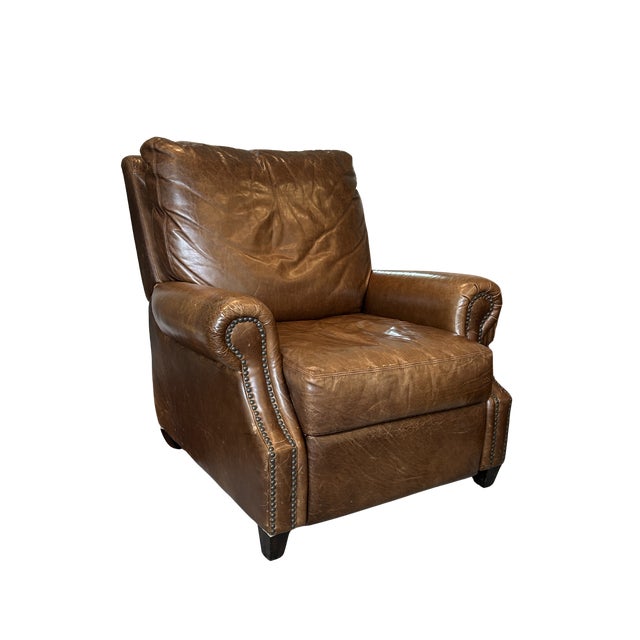 2020s Pottery Barn James Roll Arm Top-Grain Leather Recliner Chair – Nailhead Trim, Classic Traditional Club Style, Dark Walnut Legs For Sale - Image 5 of 11