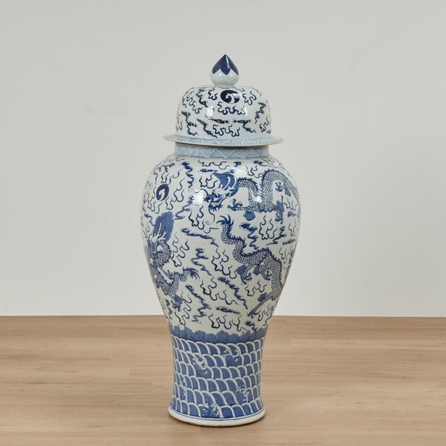 Ceramic Pair of Chinese Blue and White Porcelain Dragon Palace Urns For Sale - Image 7 of 13