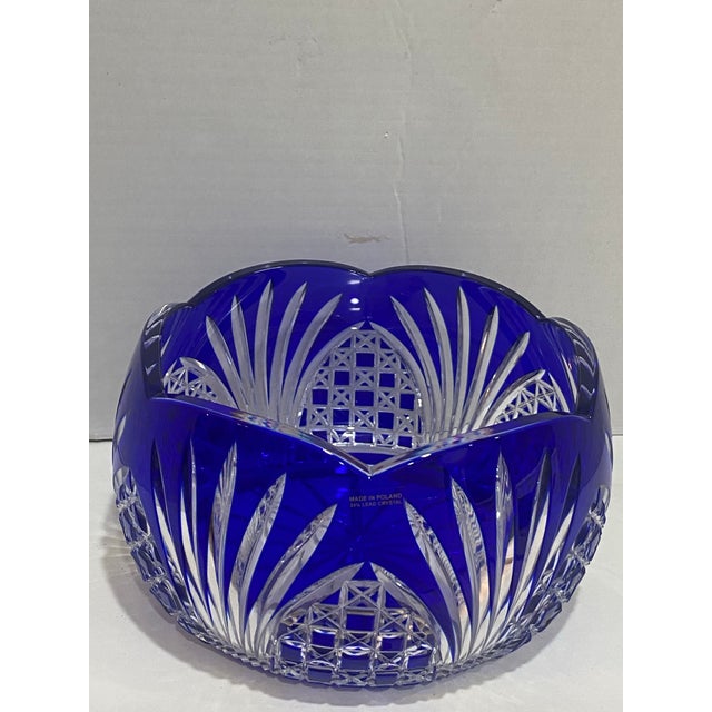 Modern Vintage Cobalt Blue Cut-to-Clear Crystal Bowl, Bohemian Style, Scalloped Rim For Sale - Image 3 of 7