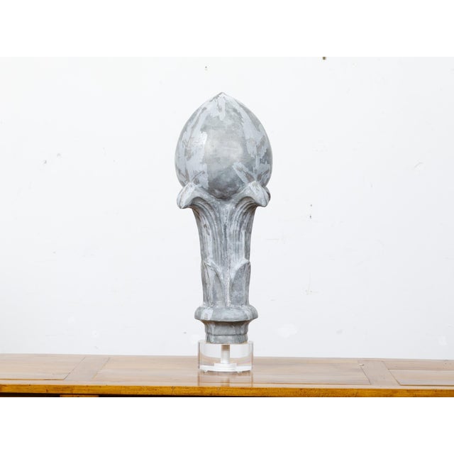 19th Century French Zinc Crowned Acorn Decorative Finial on Custom Lucite Base For Sale - Image 9 of 9