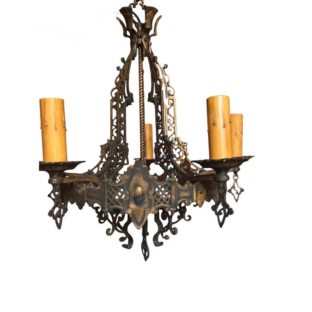 Printmaking Materials Antique Spanish Revival 5 Light Chandelier With Original Polychrome Paint For Sale - Image 7 of 13