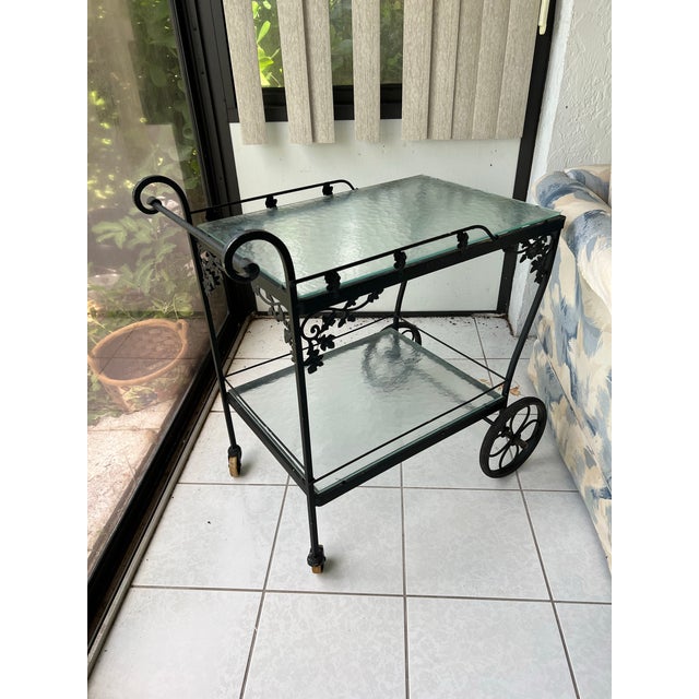 Early 20th Century Vintage Black Wrought Iron Bar Cart, Woodard Attributed For Sale - Image 5 of 10