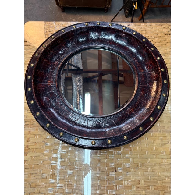 Late 20th Century Round Distressed Leather-Like Covered Mirror Brass Nailheads For Sale - Image 4 of 11