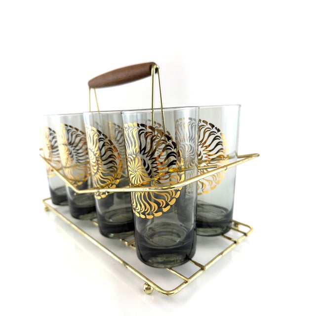 Mid-Century Modern Mid 20th Century Hollywood Regency Gold Atomic Highball Glasses With Brass Carrier Barware Set - 8pcs For Sale - Image 3 of 14