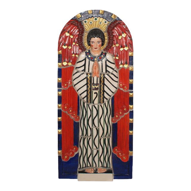 Vintage Art Deco Style Polychrome Terracotta Angel For Sale