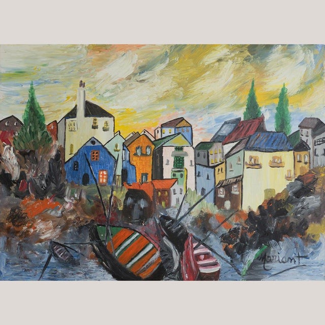 Colorful Mediterranean Village Scene with Boats, Oil Painting For Sale - Image 6 of 6