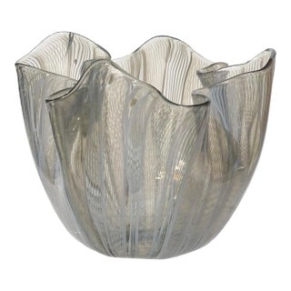 Venini Bianconi Murano Signed Taupe Gray Opal White Zanfirico Italian Art Glass Fazzoletto Vase For Sale