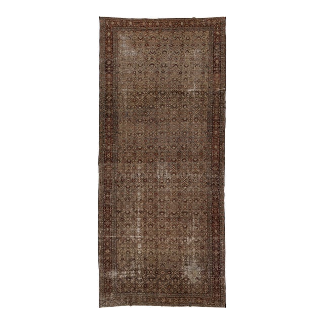 Antique Hamadan Wool Rug | Distressed Muted Earth Tones Oversized Runner / Gallery Rug For Sale