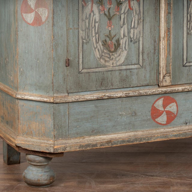 Original Blue Painted Pine Two Door Armoire Dated 1810 For Sale - Image 9 of 11