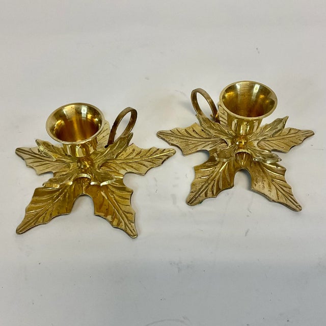 1970s Vintage Traditional Americana Brass Poinsettia Candle Holders - A Pair, Christmas For Sale - Image 6 of 12
