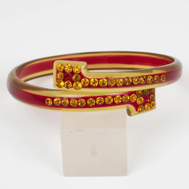 Art Deco French Celluloid Bracelet Geometric Bypass Bangle with Orange and Red Crystal For Sale - Image 3 of 6