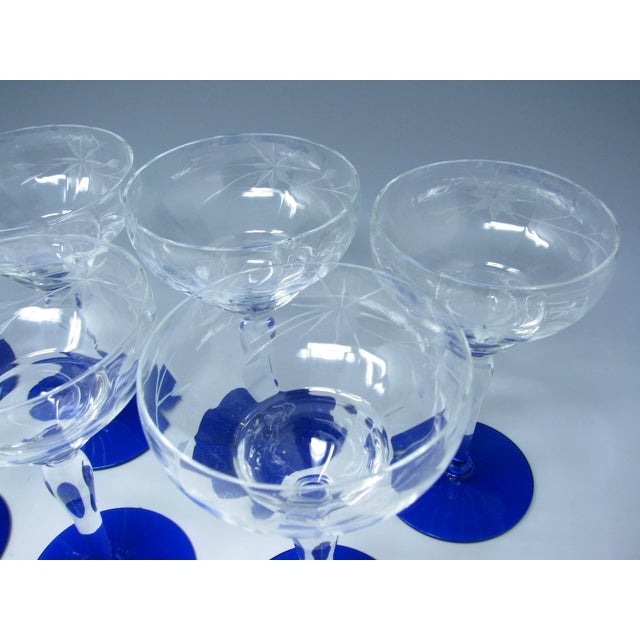 1930s Vintage 1930s Weston Cut Glass Liquor Cocktail Goblets With Floral Design and Cobalt Foot - 7 Pieces For Sale - Image 5 of 13