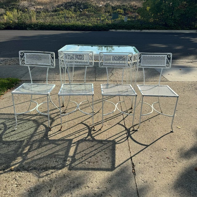 White Mid Century Patio Set Outdoor Dining Table & Chairs Distressed Italian Garden Furniture For Sale - Image 8 of 12